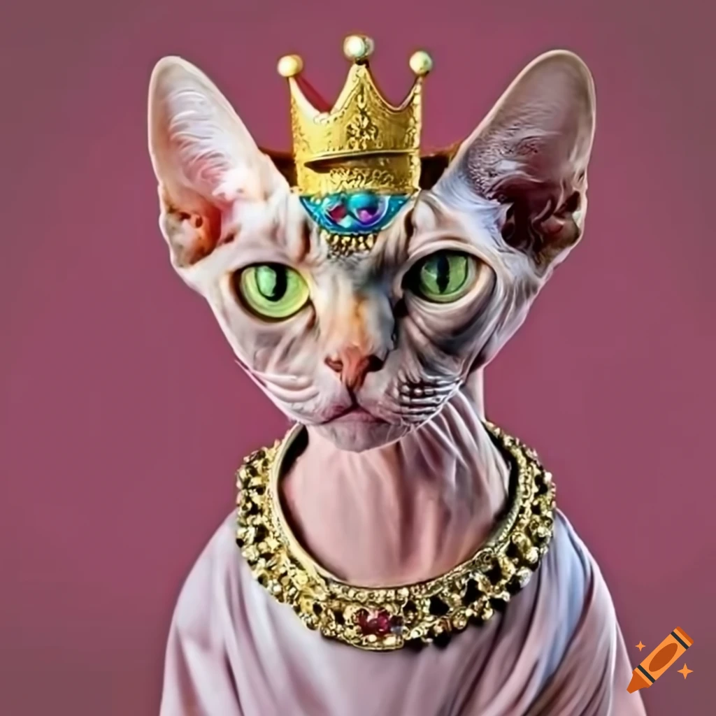 Sphynx cat dressed as a king with jewels and crown on Craiyon