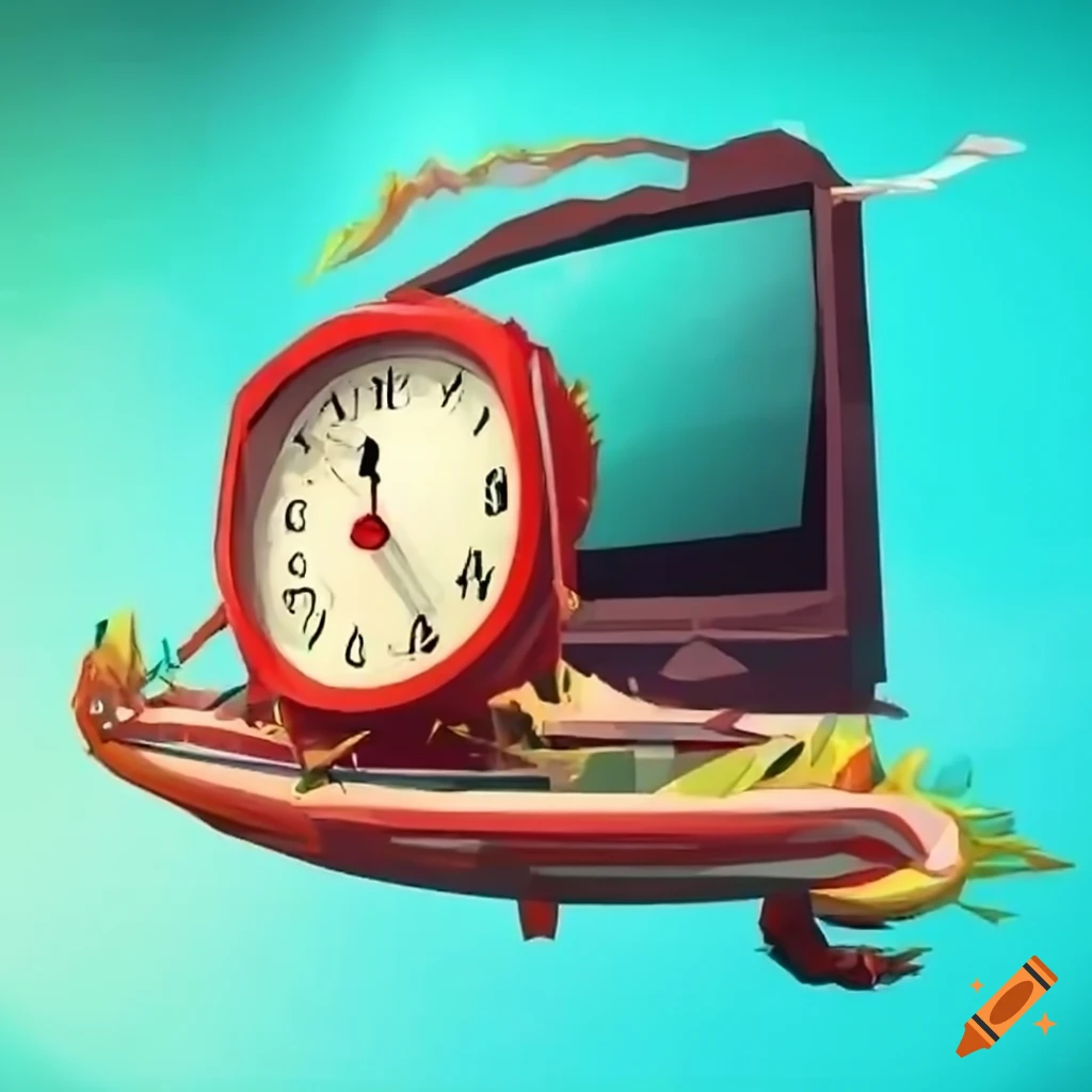Funny low poly artwork with a tv riding a floating clock on Craiyon