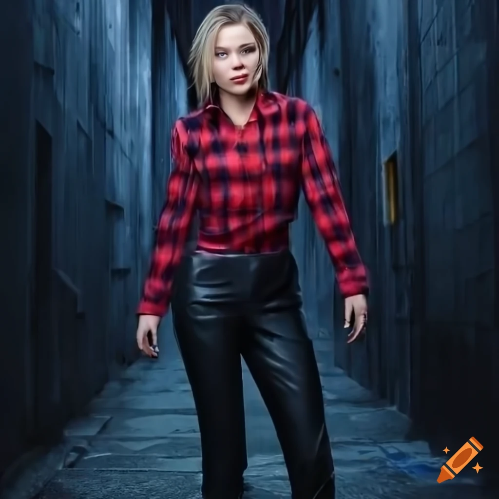 stunning hyperrealistic photograph of a woman in red plaid shirt and leather trousers