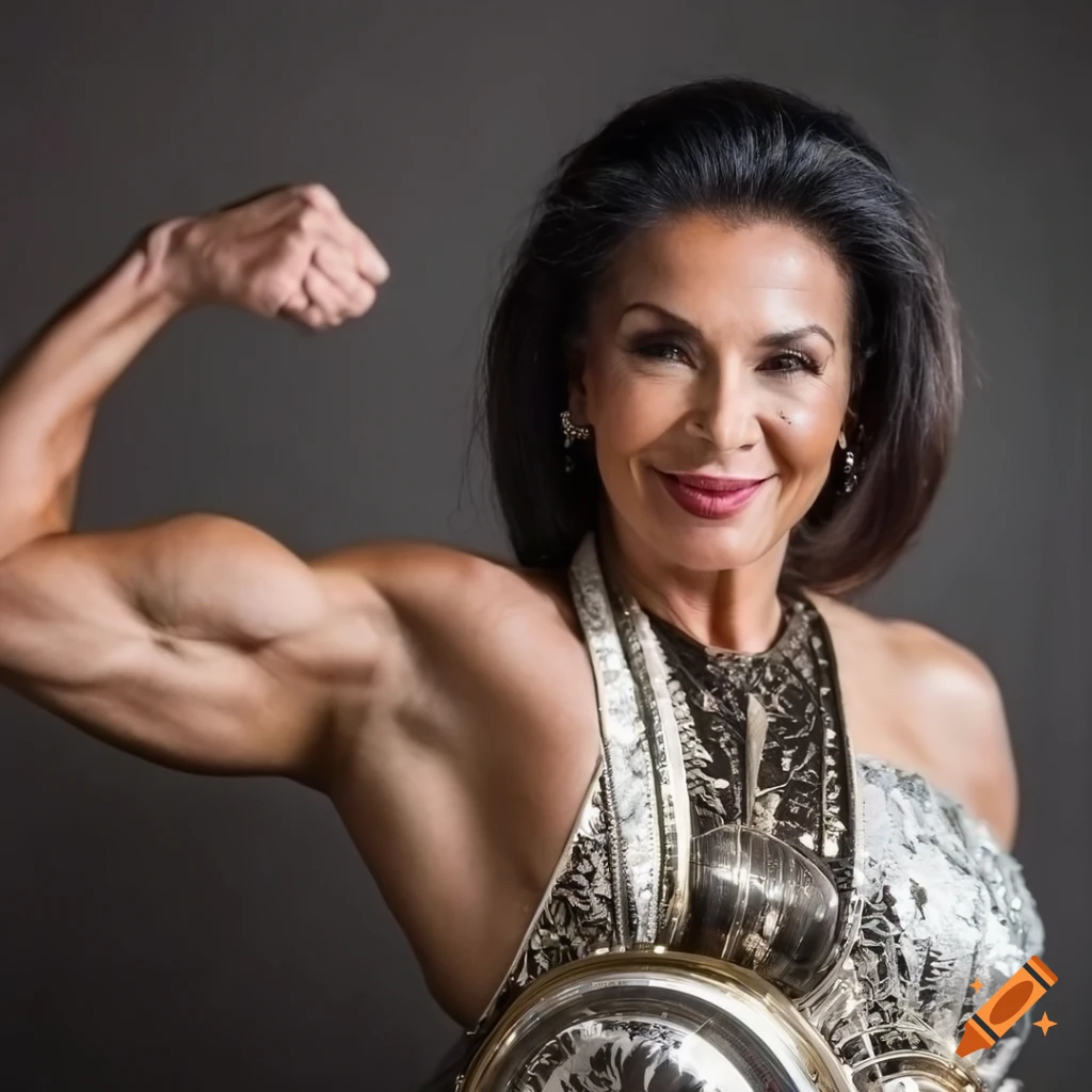Confident 65-year-old businesswoman flexing muscles on Craiyon