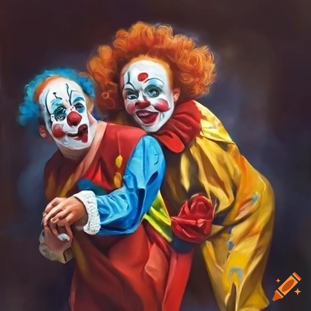 photorealist painting of clowns excluding one from their group