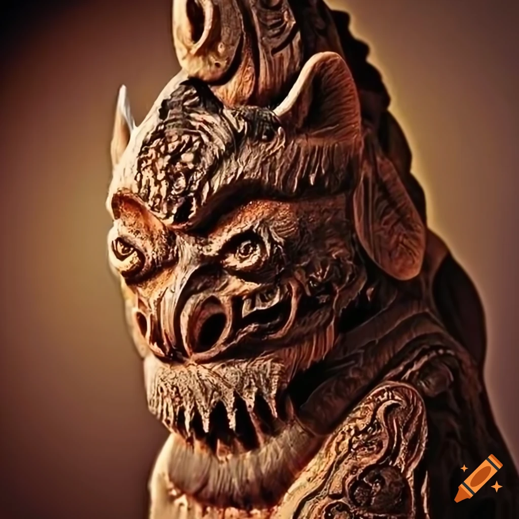 detailed carving with moth werewolf motif
