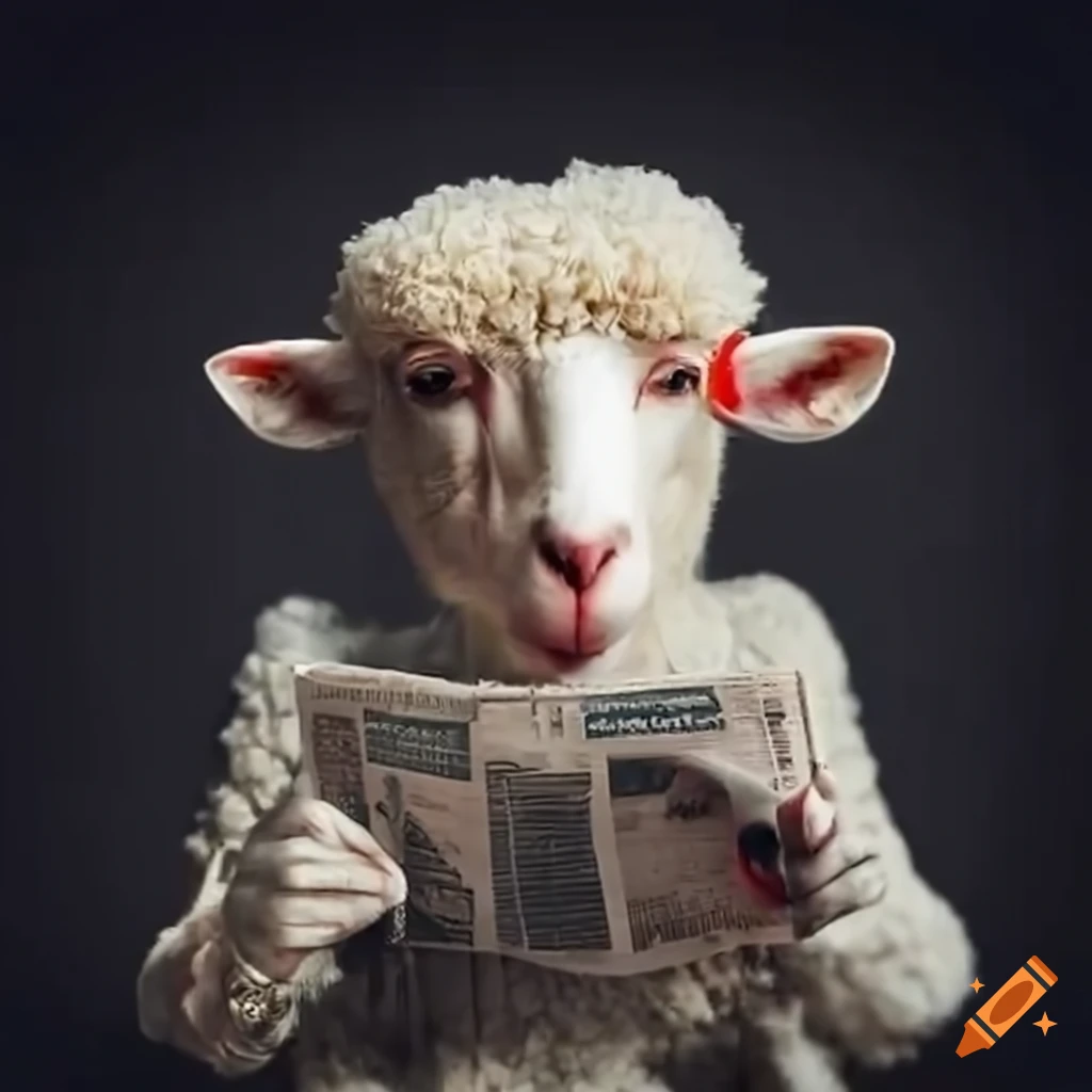 satirical artwork of a sheep in a suit reading newspaper
