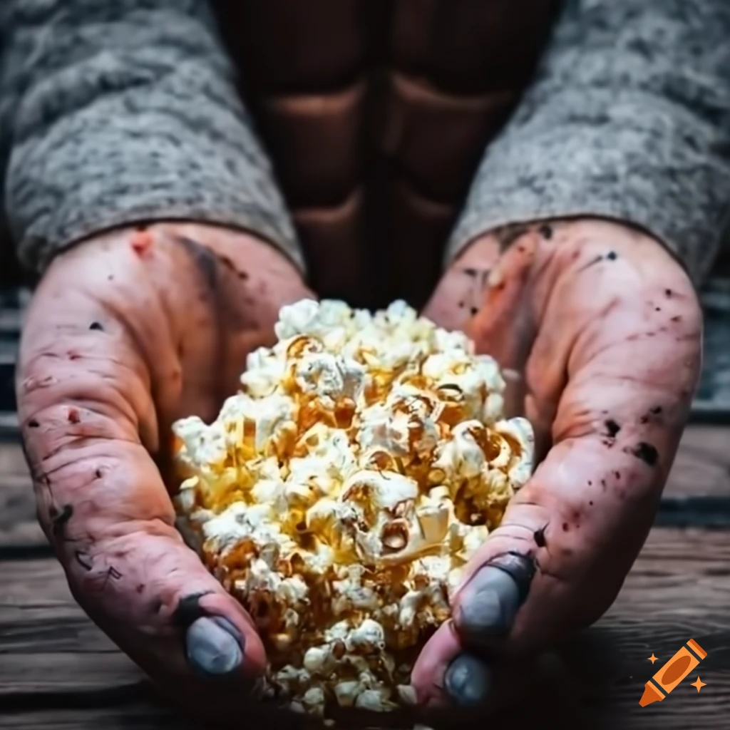 hands of a homeless person holding popcorn