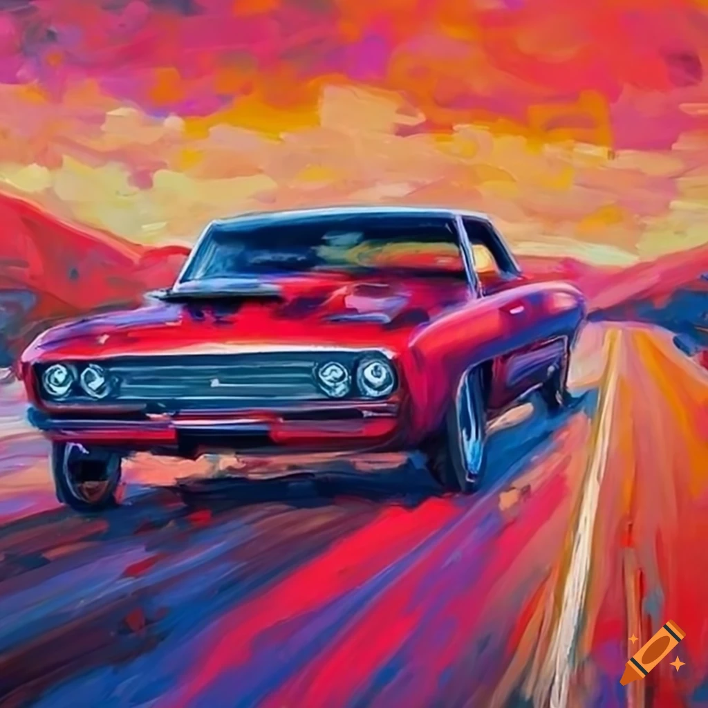 Impressionist painting of a red muscle car on a highway