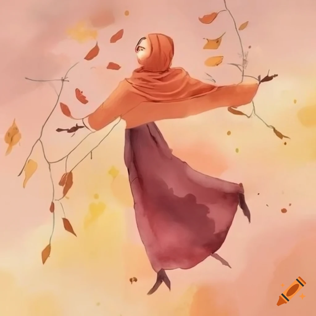 Watercolor of a girl in a hijab with autumn background on Craiyon