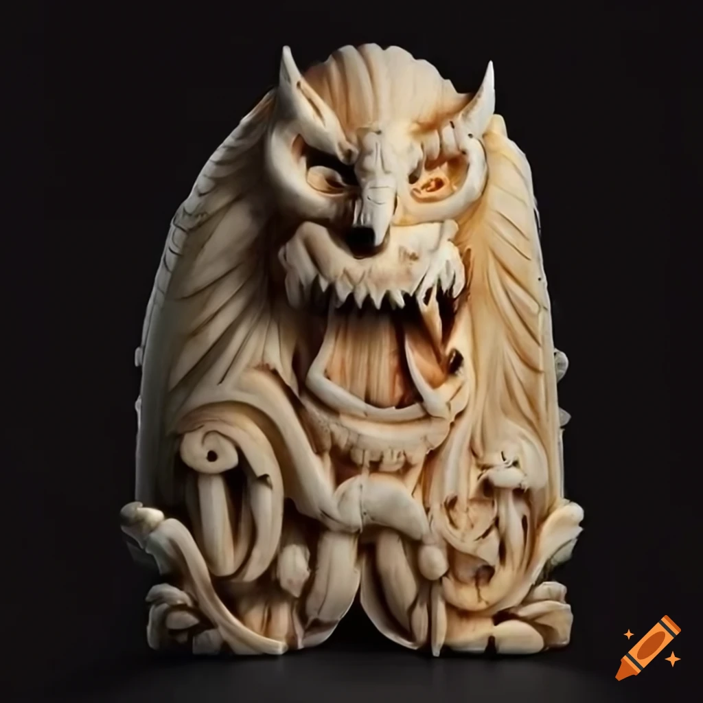 detailed ivory carving with moth werewolf motif