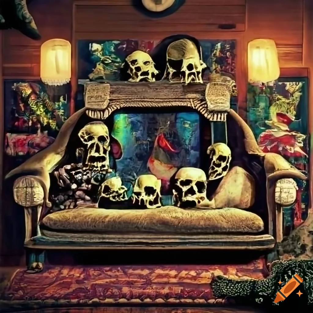 Punkthemed living room with skulls and vintage wallpaper on Craiyon