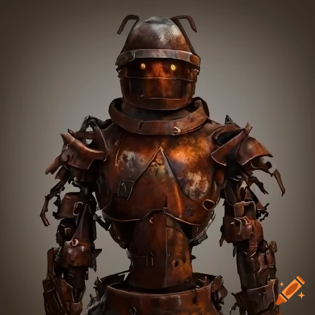 photorealistic ABC warrior robot in rusted armor