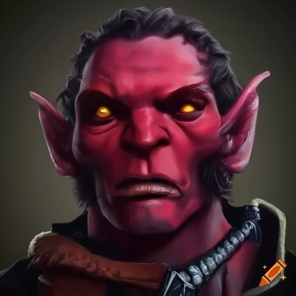 Portrait of a male hobgoblin artificer in red armor on Craiyon