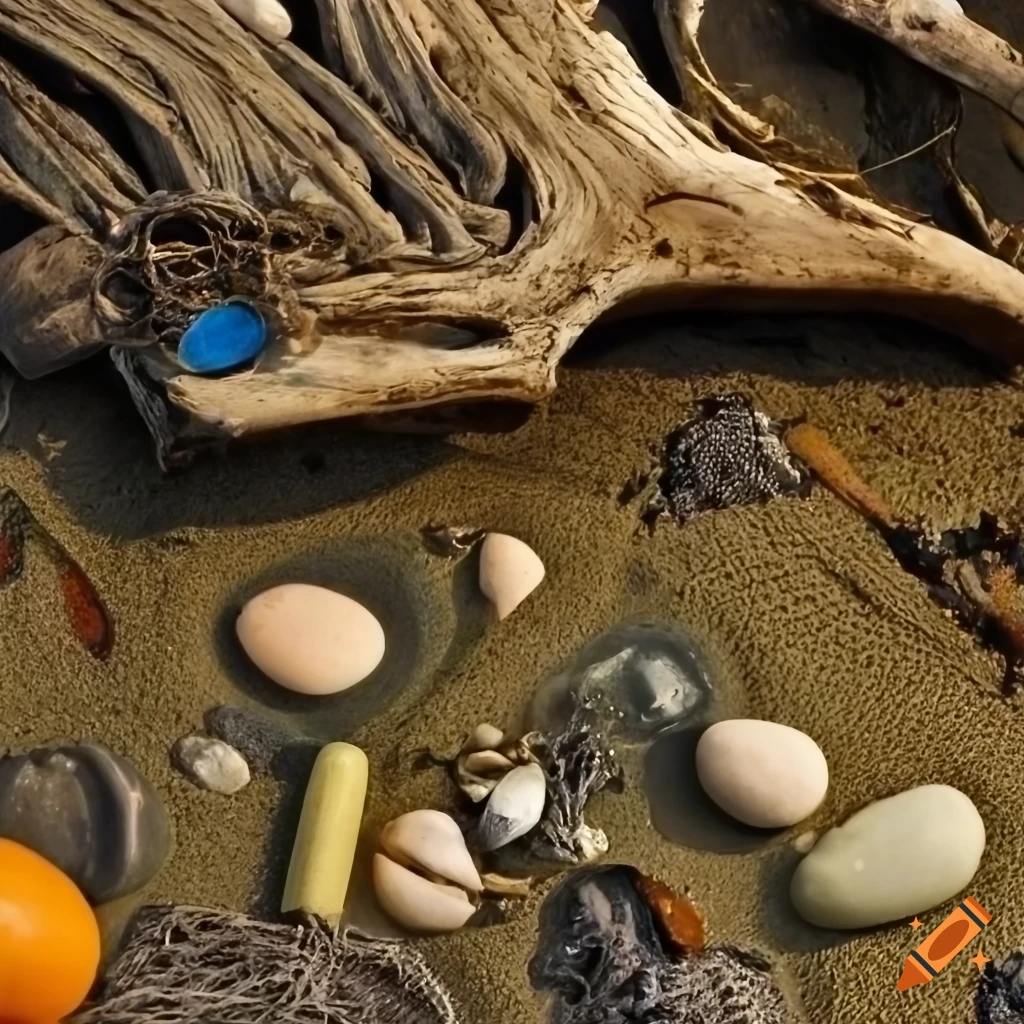 sculpture of half submerged driftwood on a serene beach