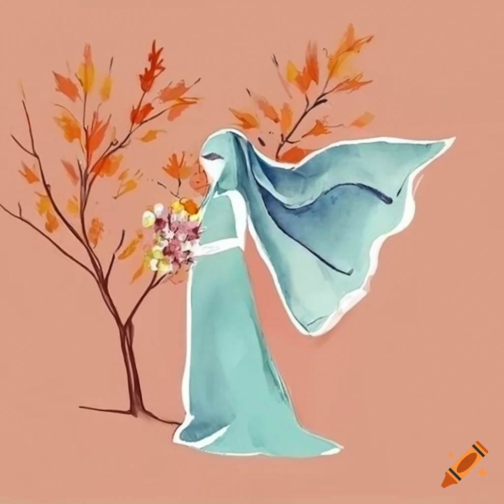 watercolor painting of a girl wearing a hijab in autumn