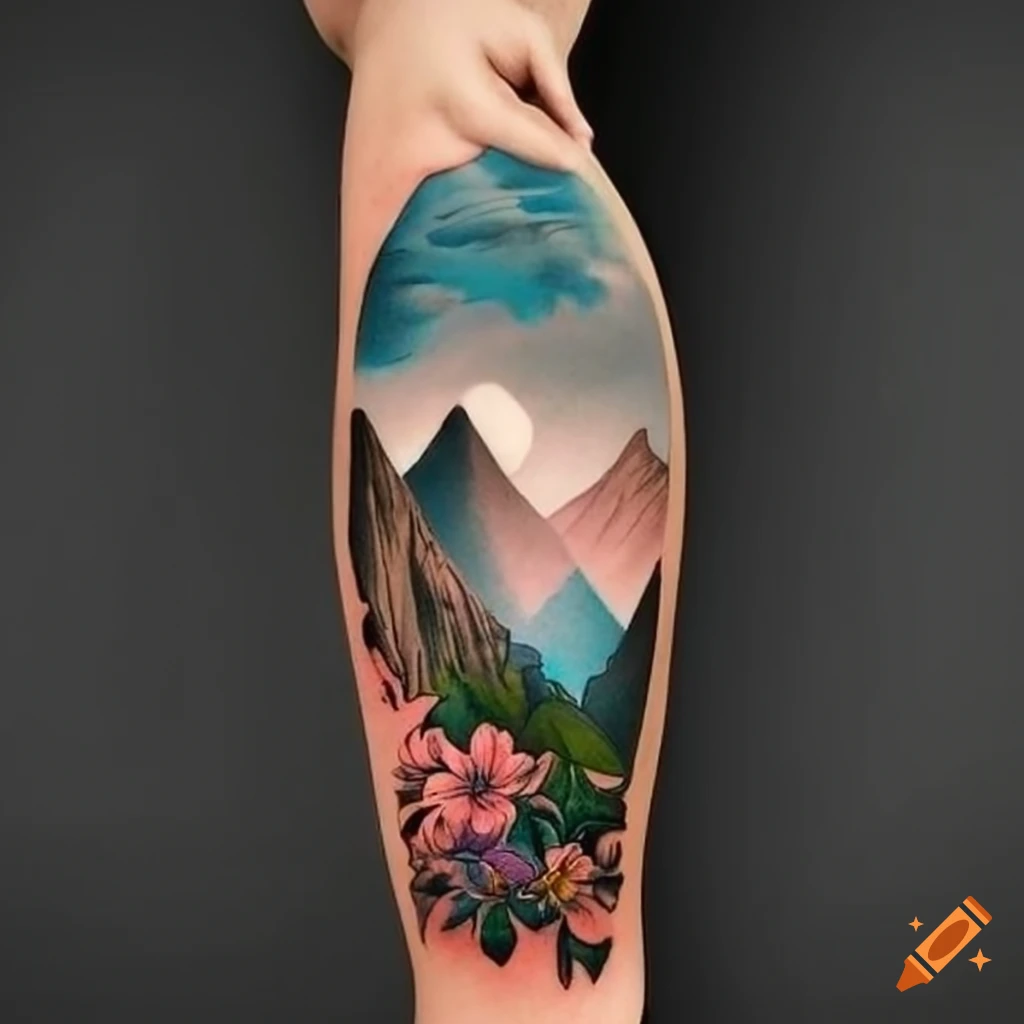 tattoo design with mountains, flowers and waterfall