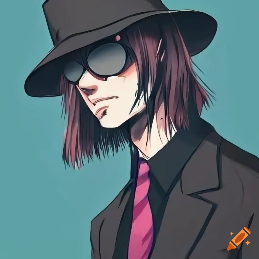 anime-style illustration of a stylish man in black suit and hat