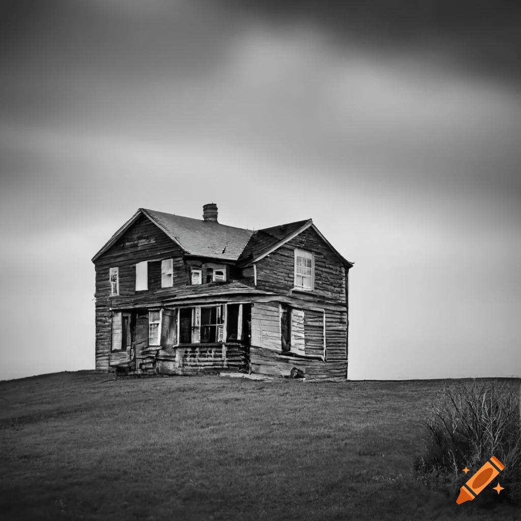 black and white photo of a run down farmhouse on a hill
