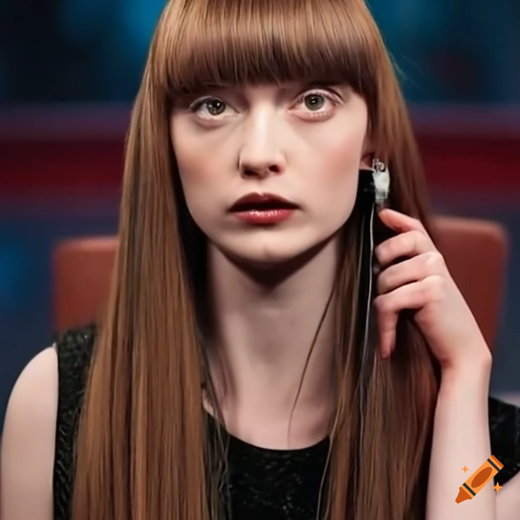 Mia Goth getting her bangs trimmed on a talk show