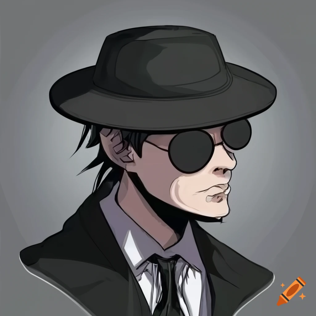 Anime-style illustration of a stylish man in black suit and hat on Craiyon