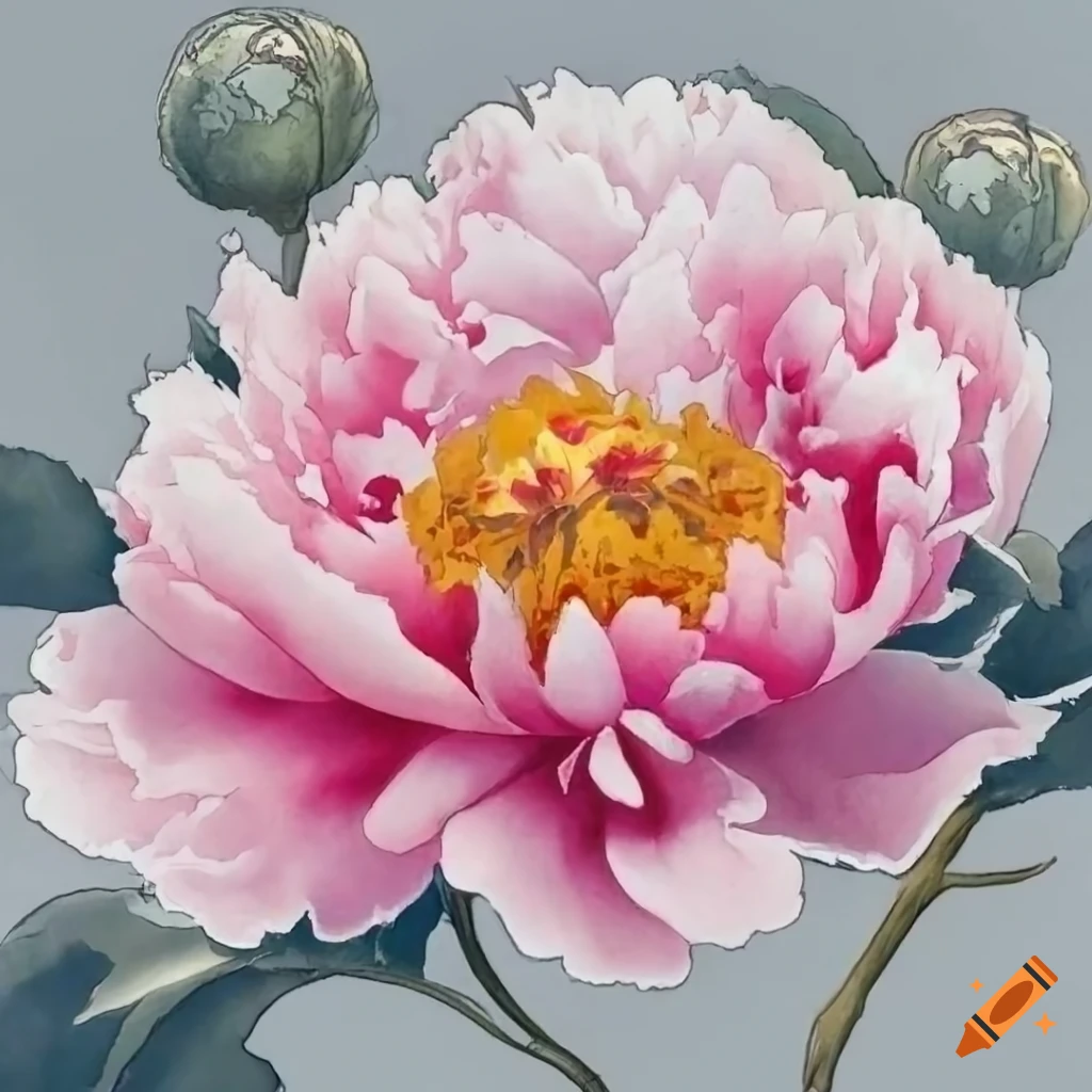 photoreal watercolor of a peony on white background