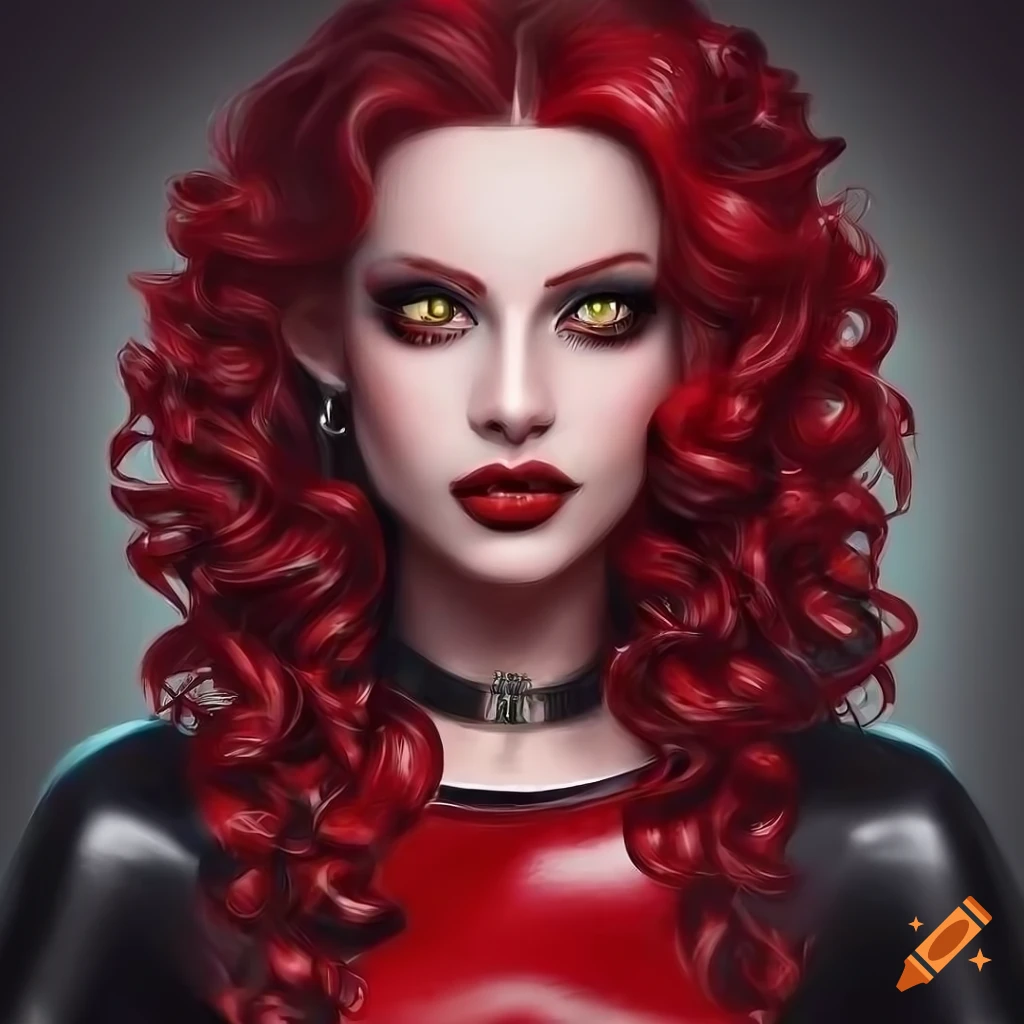 Hyperrealistic Art Of A Beautiful Woman With Red Hair And Green Eyes In A Latex Outfit