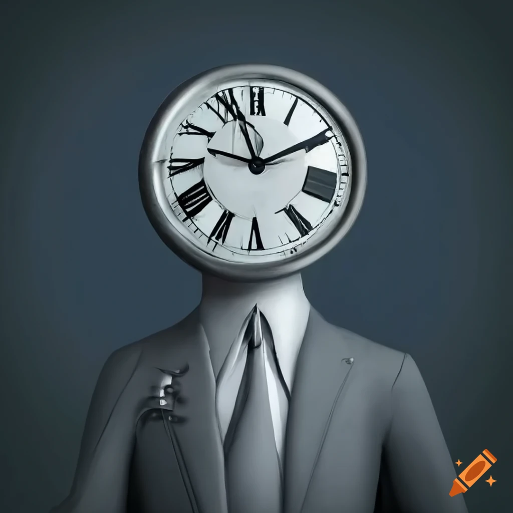 surreal artwork of a figure with a clock head