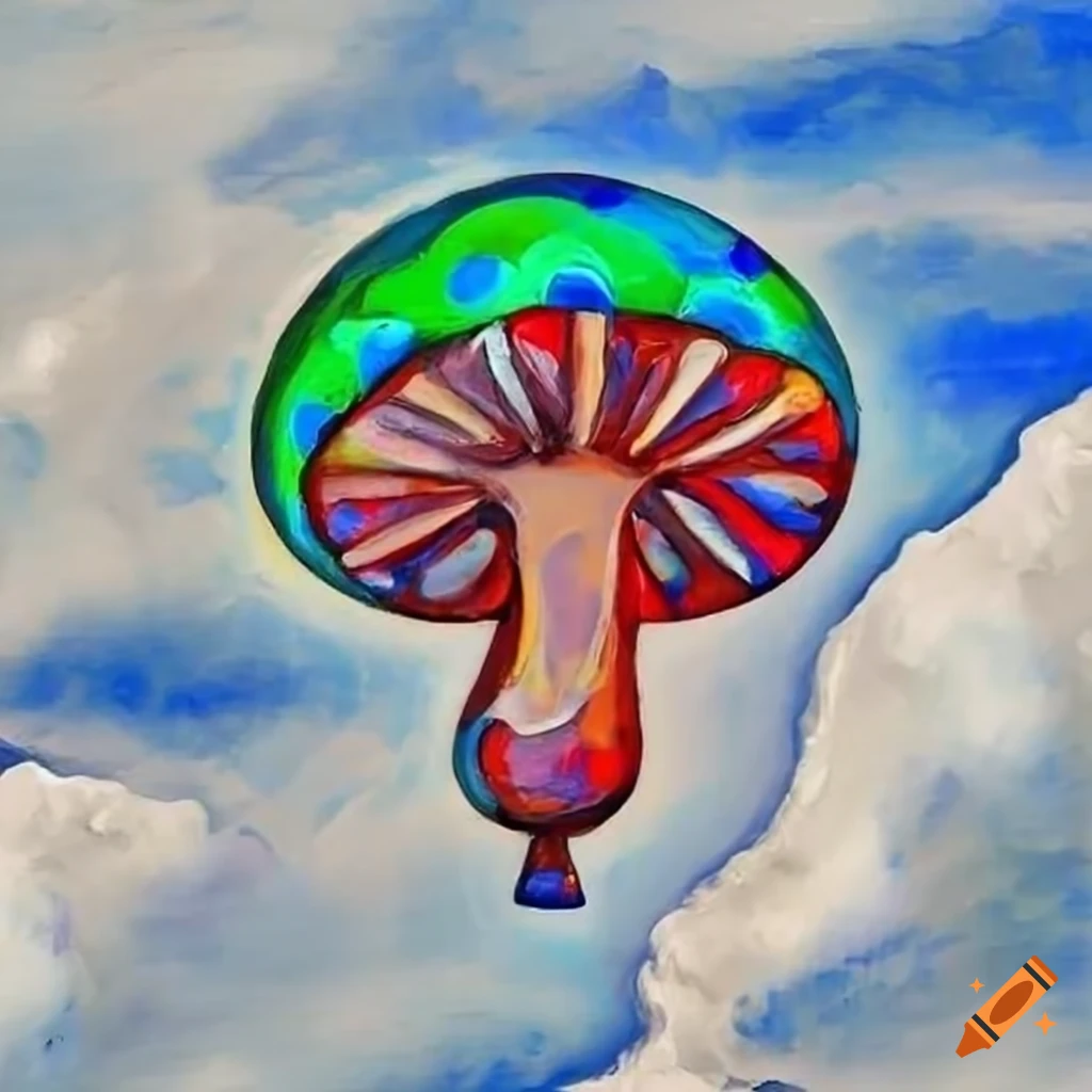 colorful mushroom shaped balloon floating in the sky