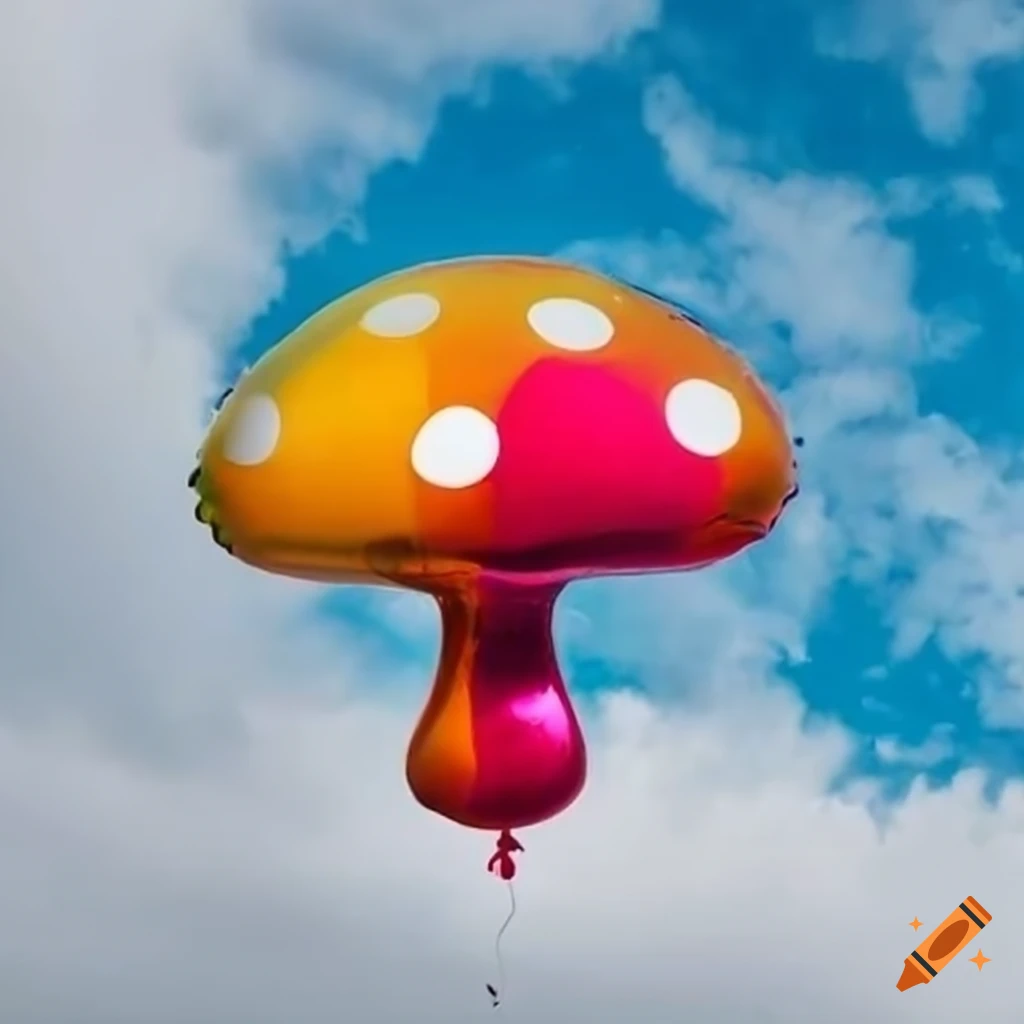 colourful mushroom-shaped foil balloon in the sky