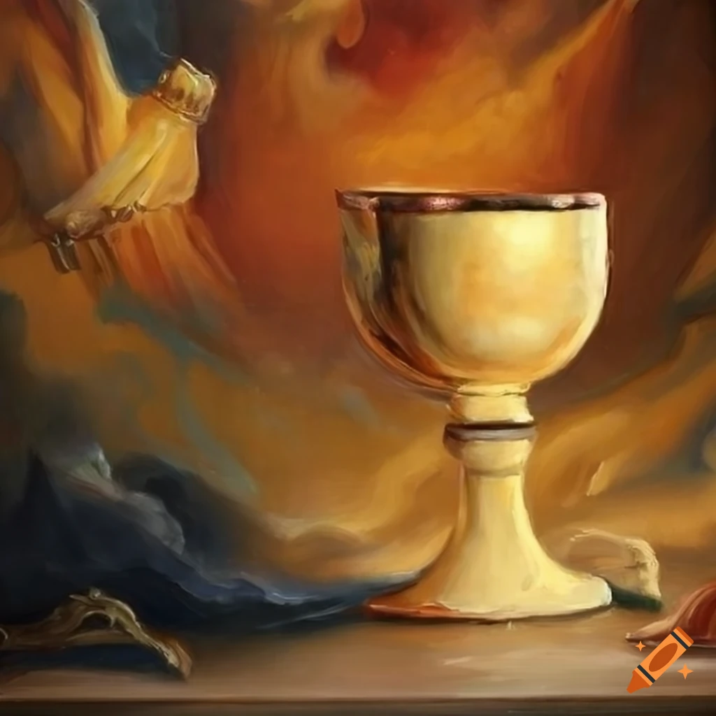 Oil painting of an ivory chalice on a church table