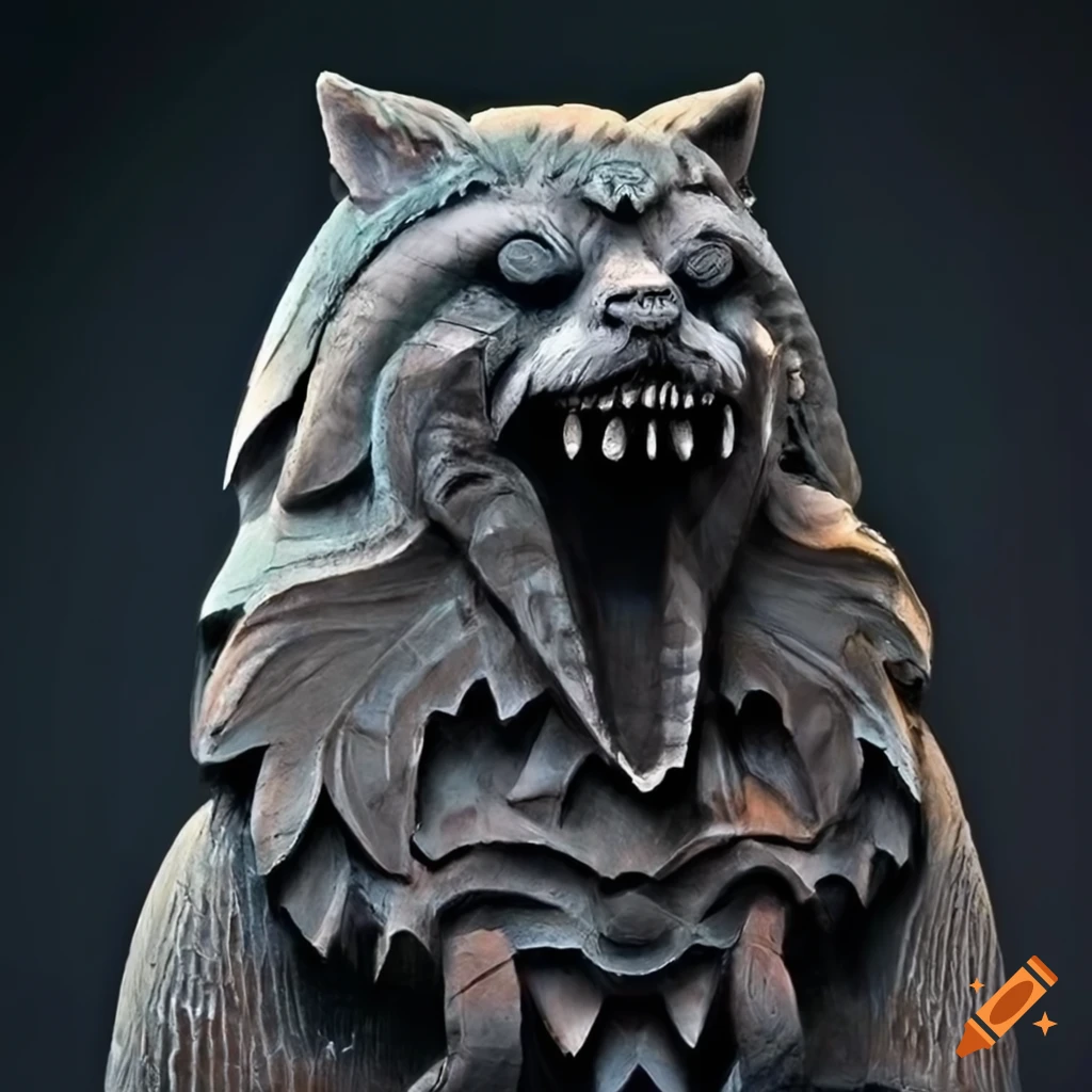 detailed carving of a moth werewolf motif