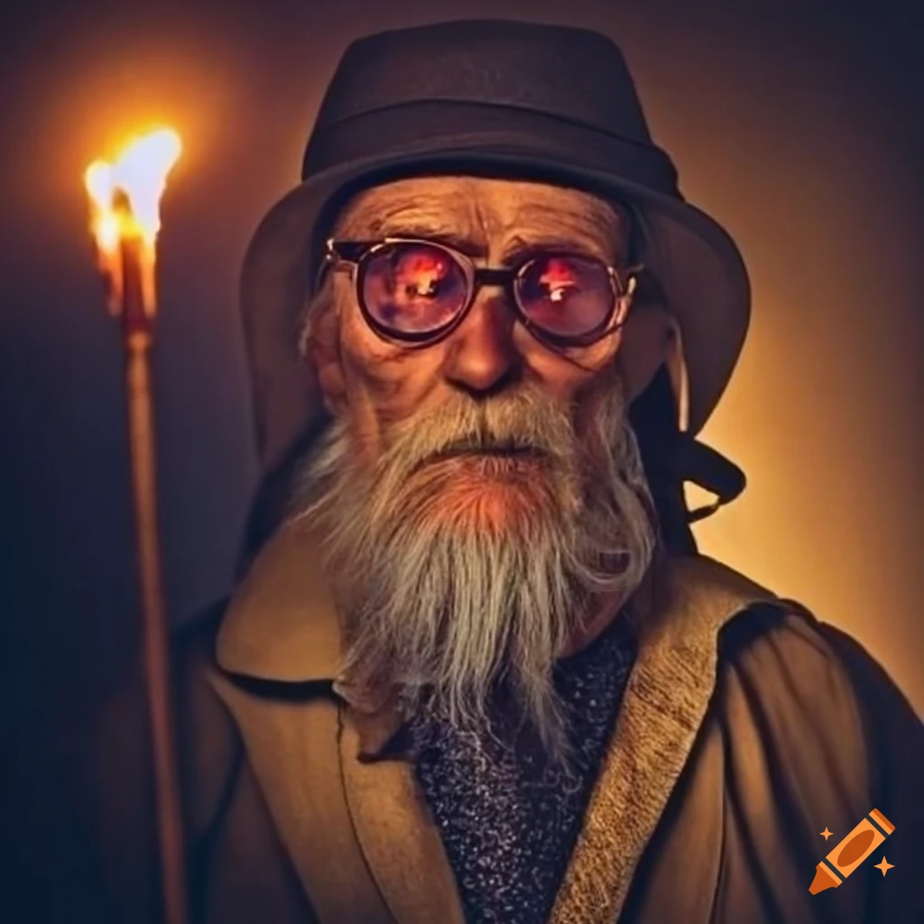 elderly man exploring a cave with torches