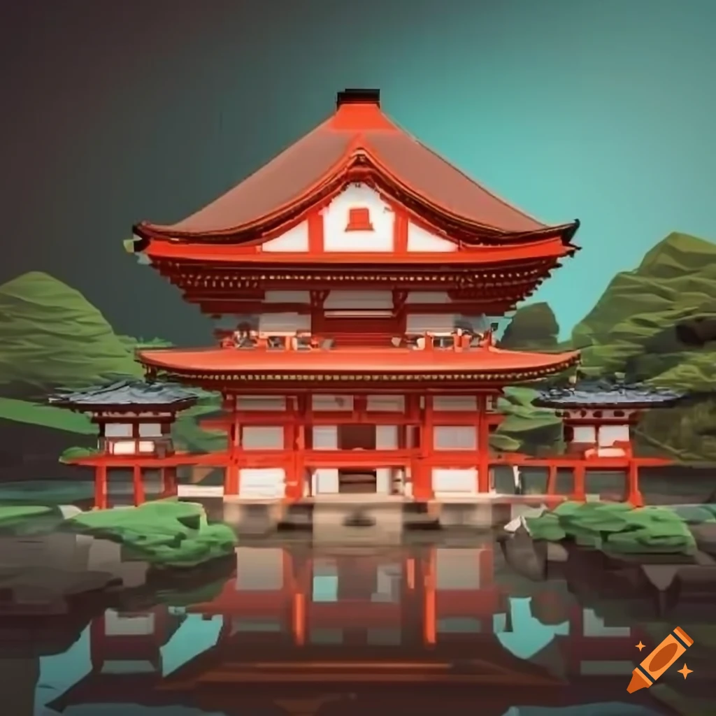 lowpoly Japanese Buddhist temple with lanterns in a garden