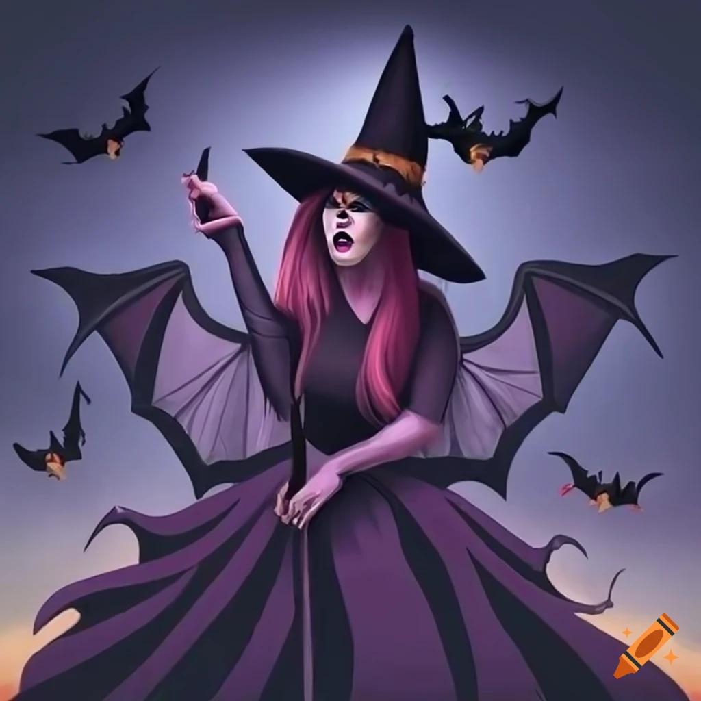 A captivating halloween witch holding a bat on Craiyon