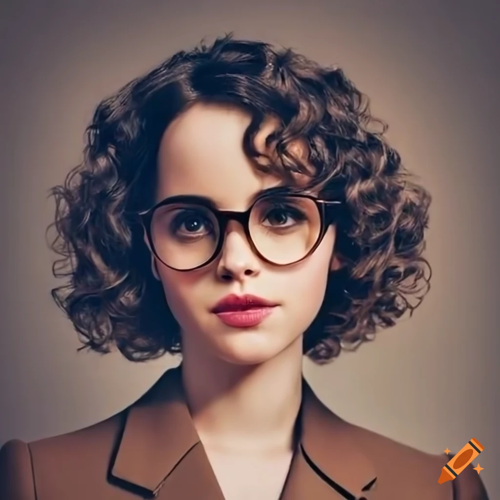 Portrait of a young woman with curly hair and glasses in a brown suit