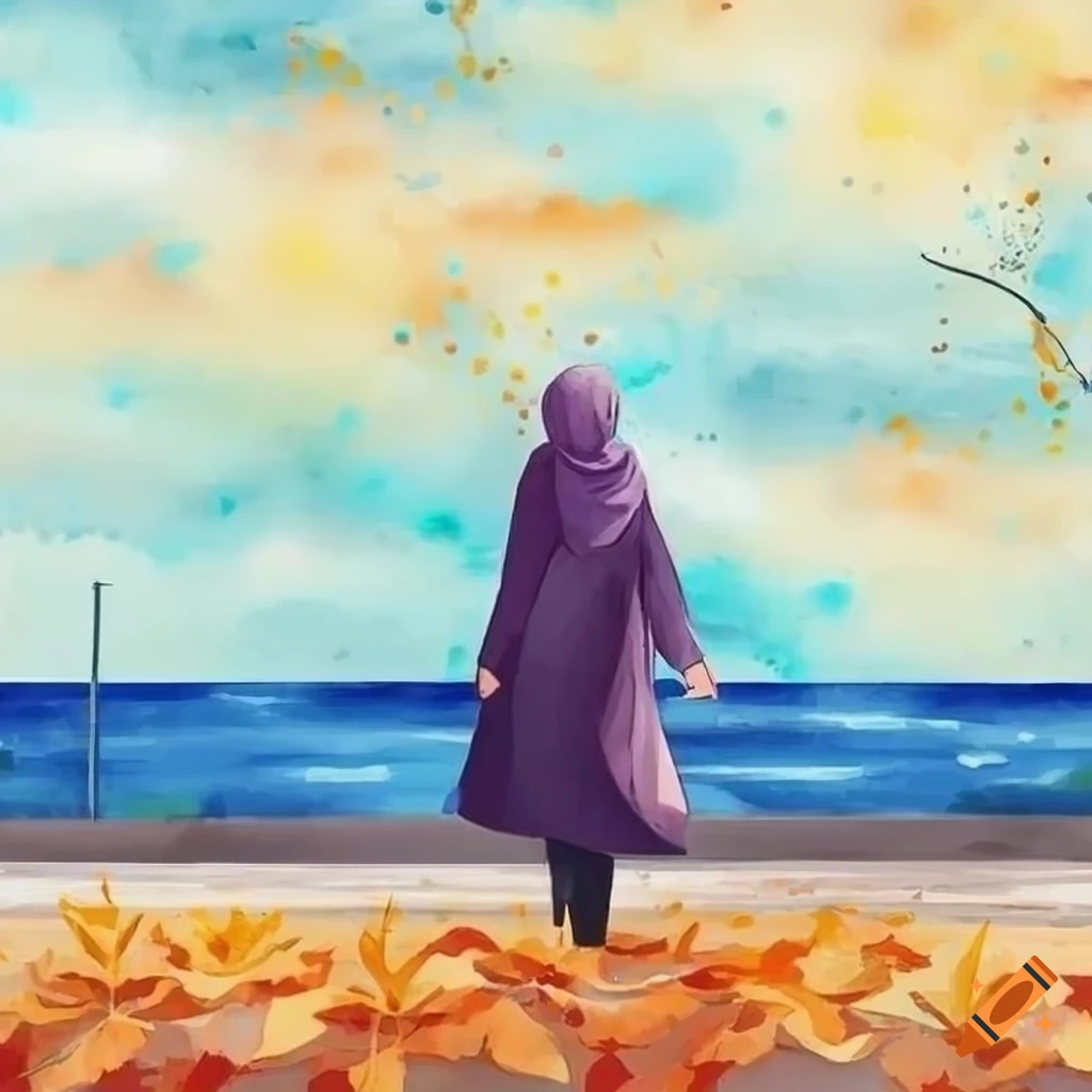 watercolor painting of a girl walking on an autumn road