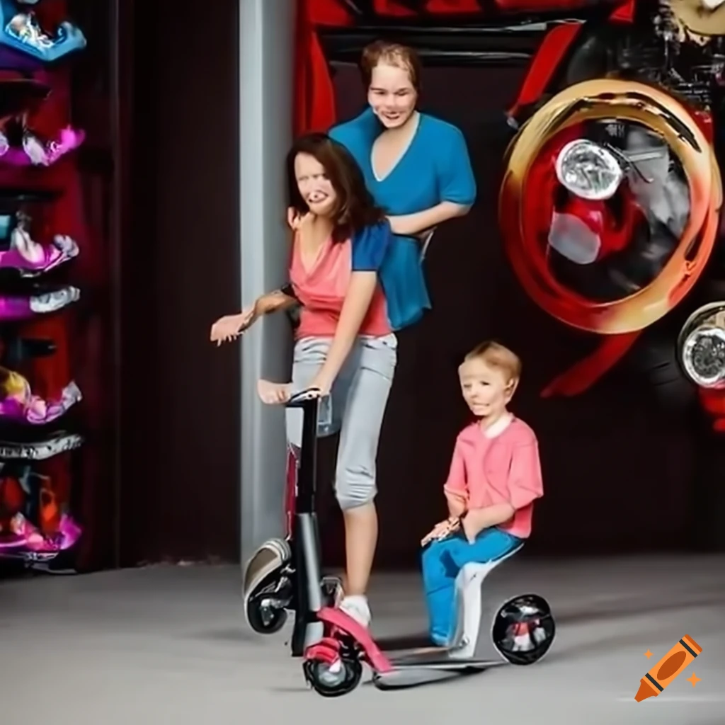 Family choosing a stunt scooter in a store on craiyon