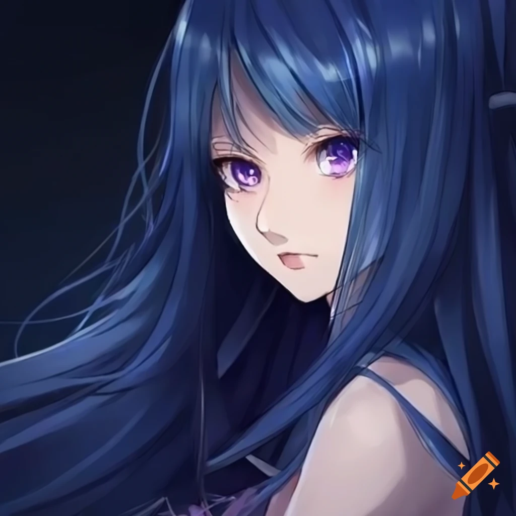 Cute anime girl with purple hair with blue highlights and green eyes