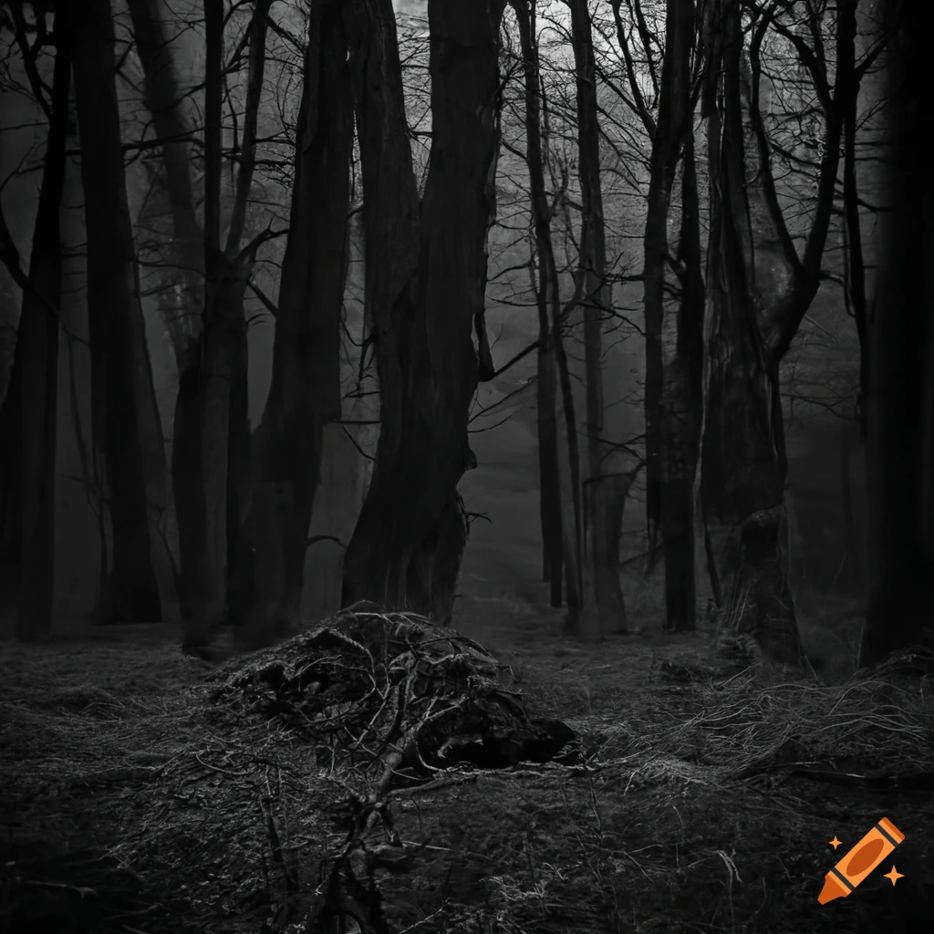 black and white photo of a dark forest at night