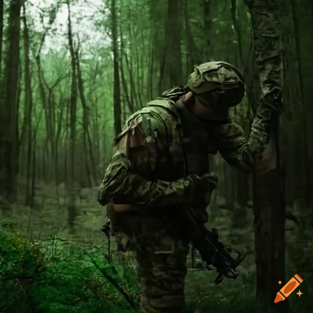 Camouflaged sniper lying in forest and aiming through his scope Stock Photo  by ©Nesterenko_Max 89112398