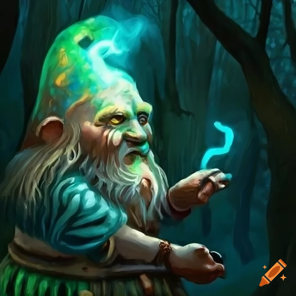 Strange gnome smoking a pipe and holding a glowing trinket