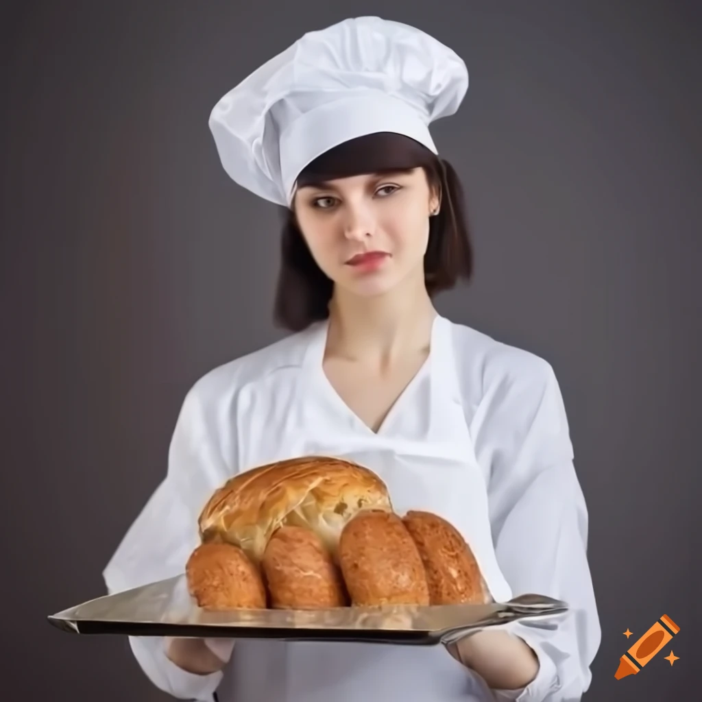 Brunette baker girl holding a tray of bread on Craiyon