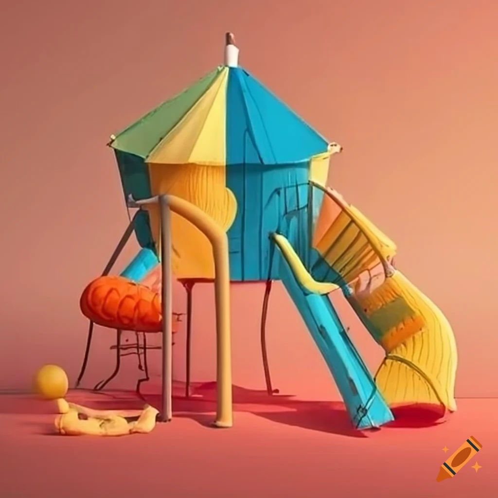 surrealist playground with colorful structures