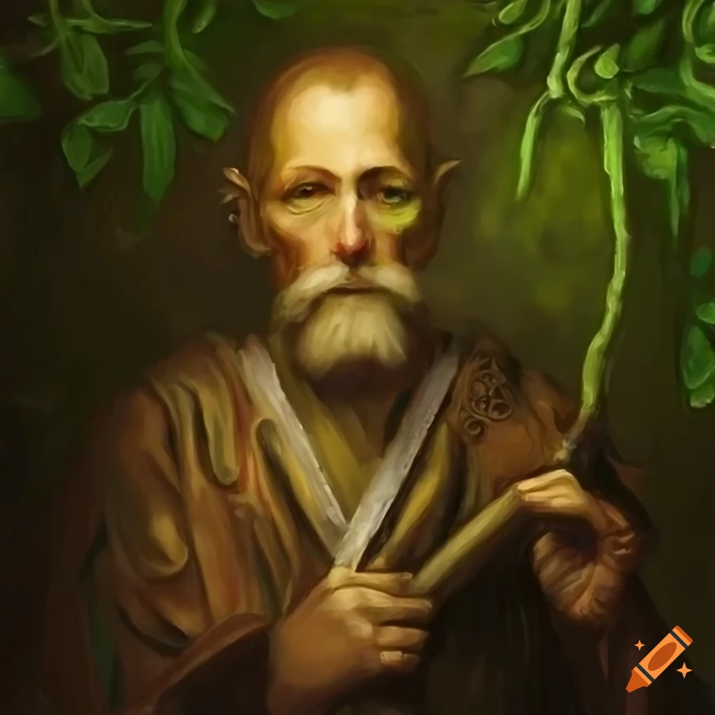 oil painting of a cleric in a lush green forest