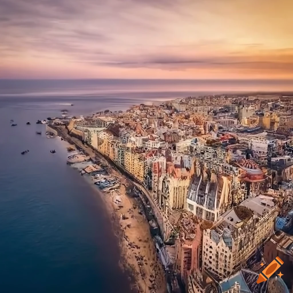 Aerial view of a coastal city with art nouveau buildings on Craiyon