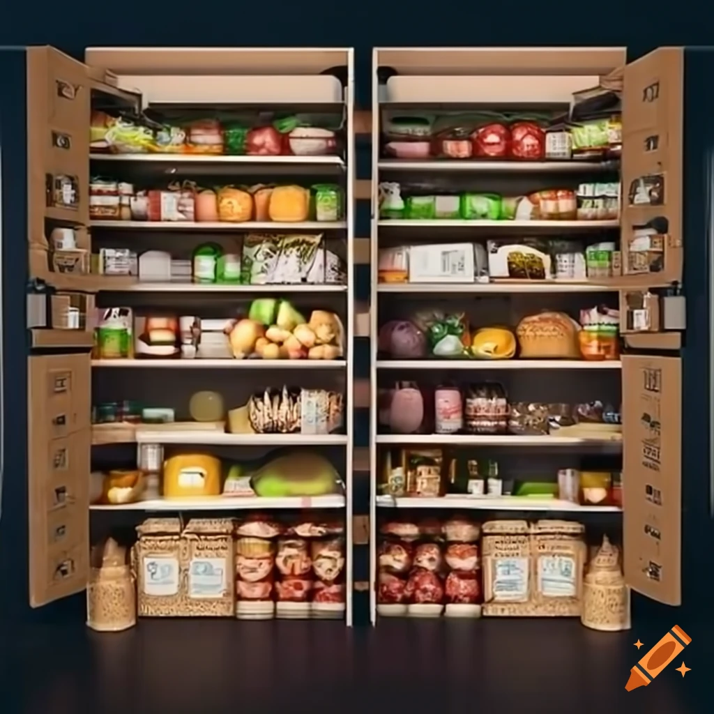Pantry filled with a variety of fruits, vegetables, and junk food on Craiyon
