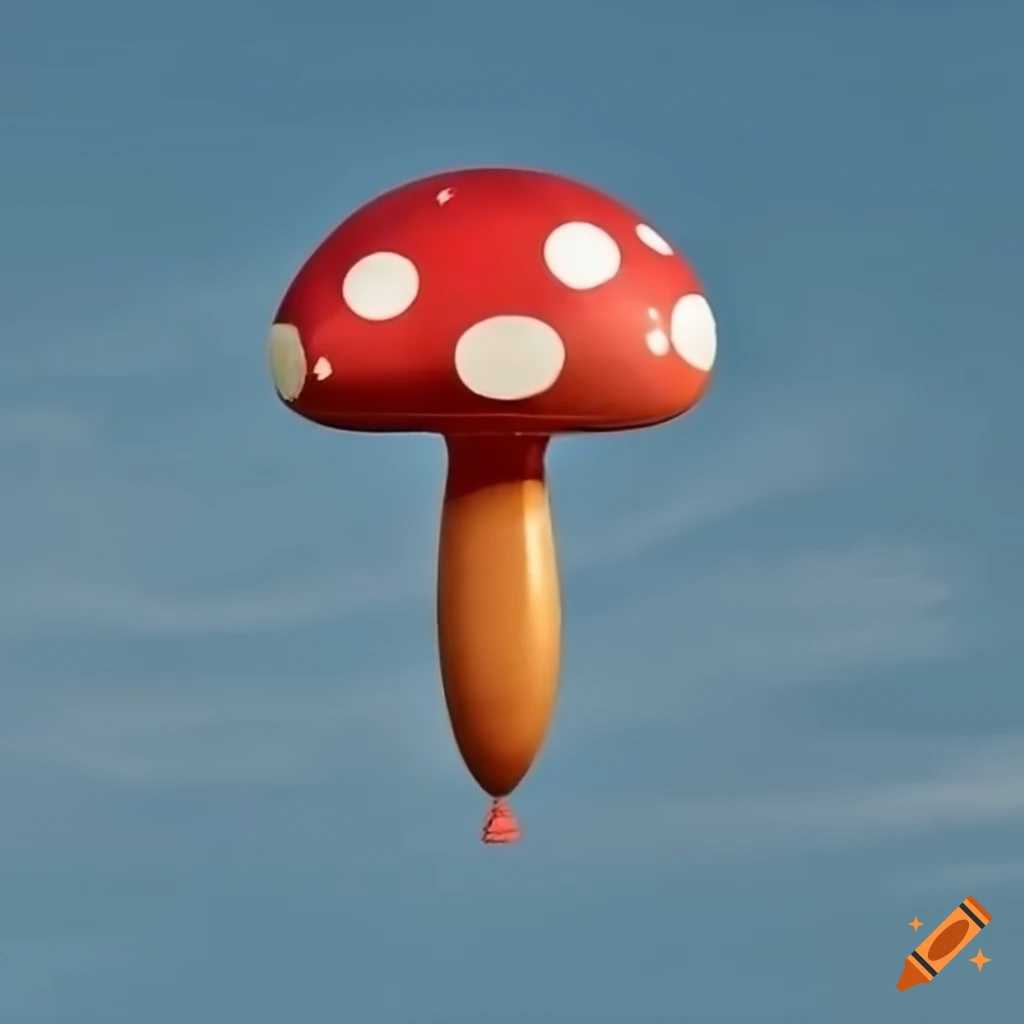 colorful mushroom-shaped balloon floating in the cloudy sky