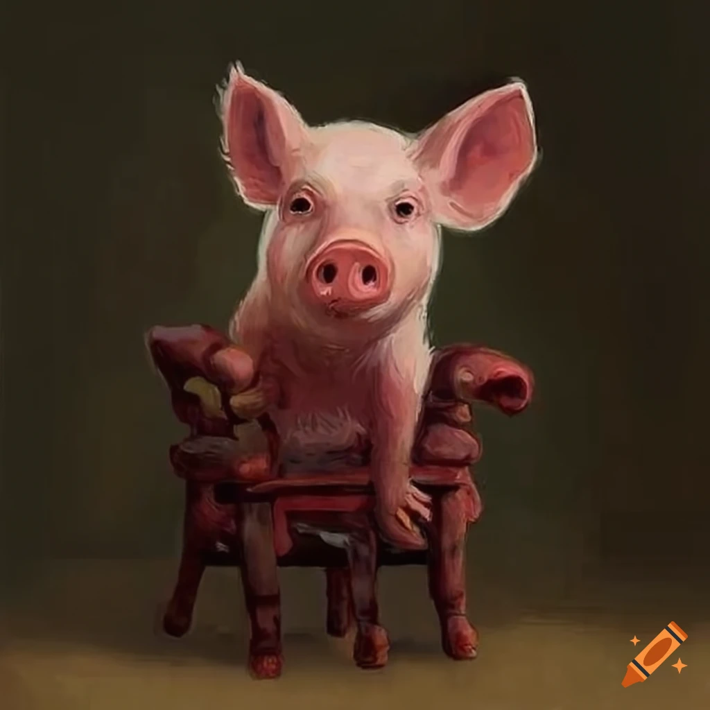 piglet sitting on a chair like in Breughel's paintings