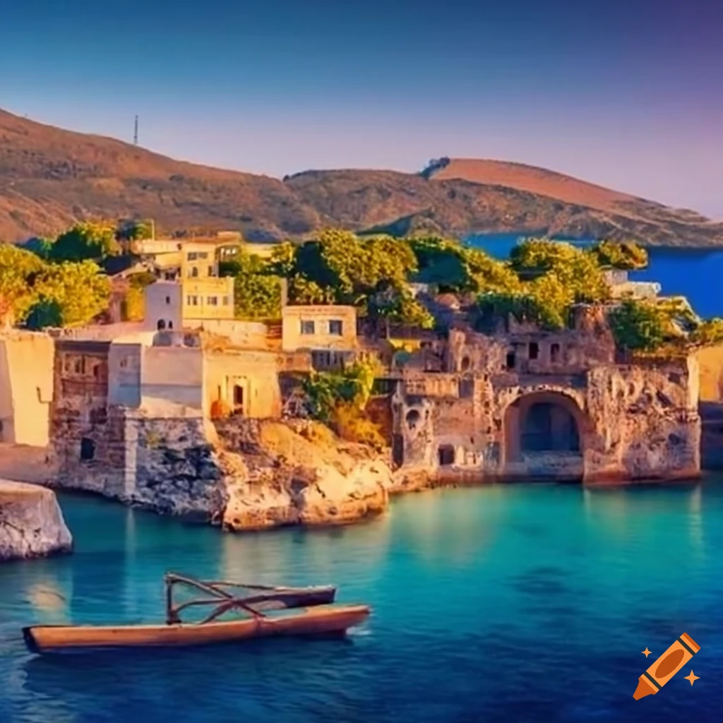 sunny Greek tropical island with ancient buildings and beach