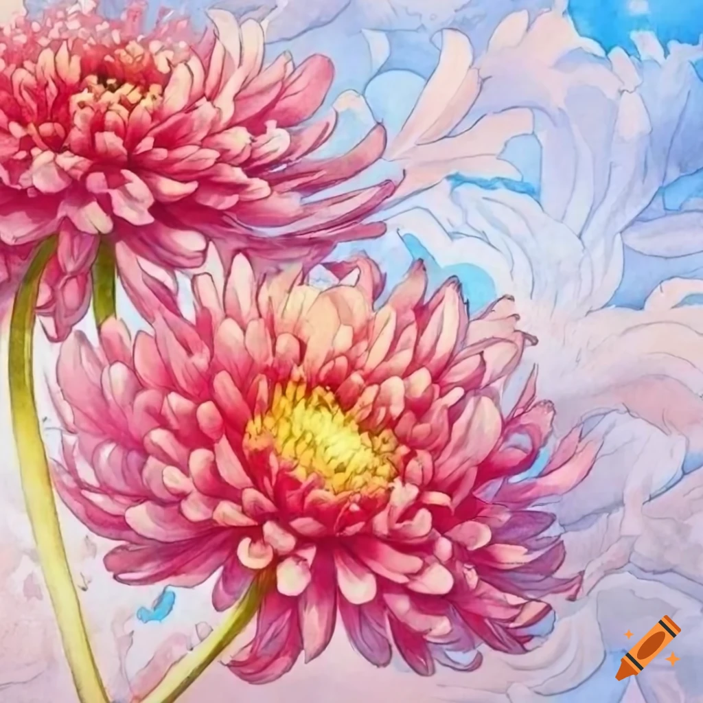 intricate watercolor of a chrysanthemum on white backdrop