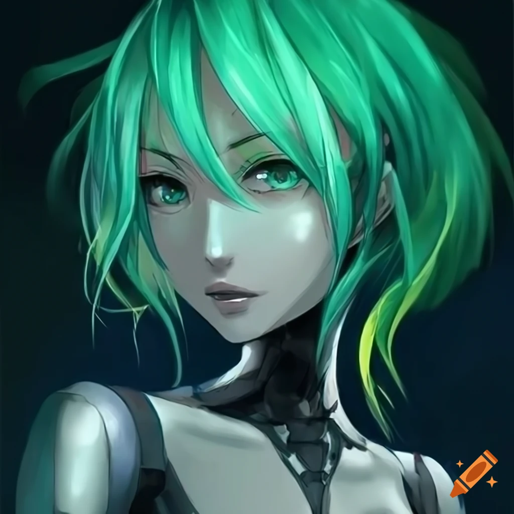 Anime robot girl with green hair and emerald eyes on Craiyon