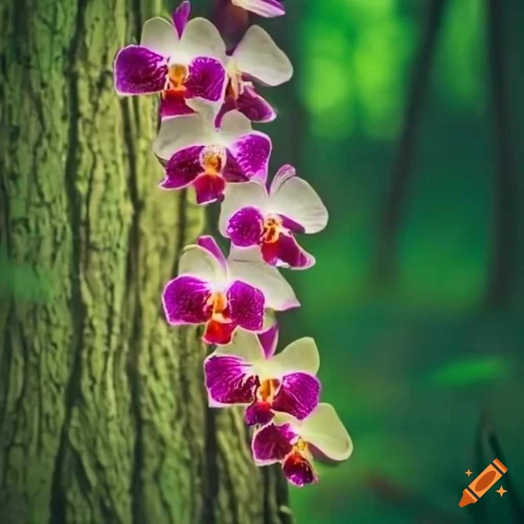 orchids cascading in a lush forest