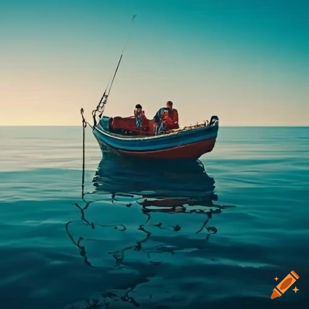 Two men sitting in a lifeboat on the sea on Craiyon